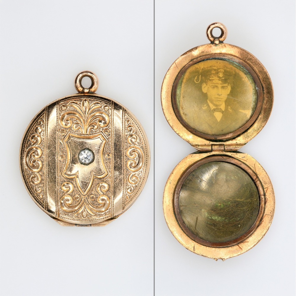 Antique WWI Era GF Sweetheart Locket Soldier Photo Hair Mourning Pendant 1910s